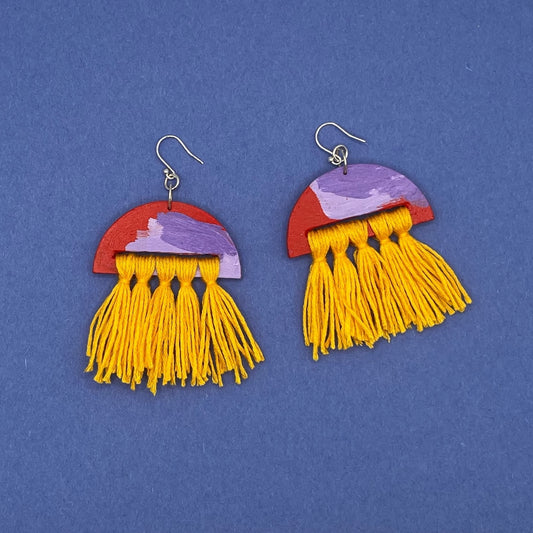 Hand Painted Wooden Statement Earrings with Tassels 12