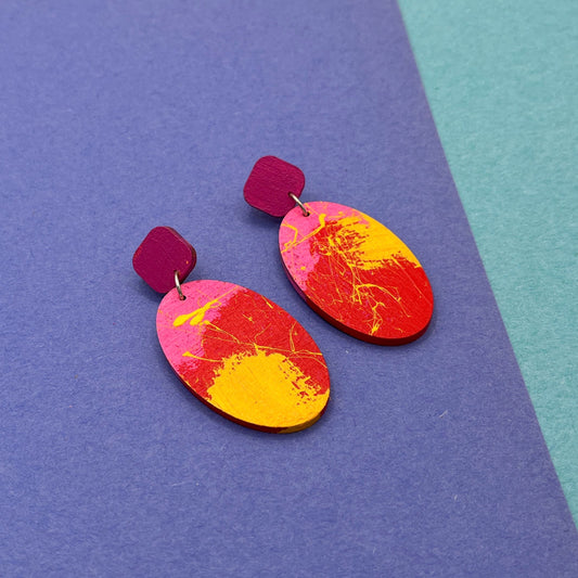 Colourful wooden statement earrings in pink, red and yellow