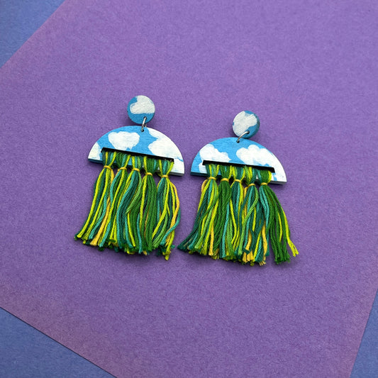 Hand Painted Wooden Statement Earrings with Tassels 13